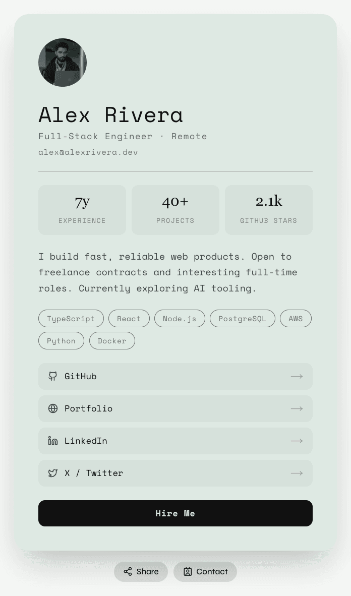 Alex Rivera — Full-Stack Engineer digital business card on Slate