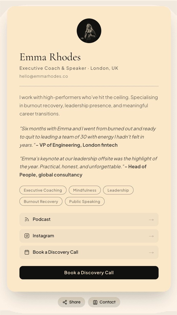 Emma Rhodes — Executive Coach & Speaker digital business card on Slate