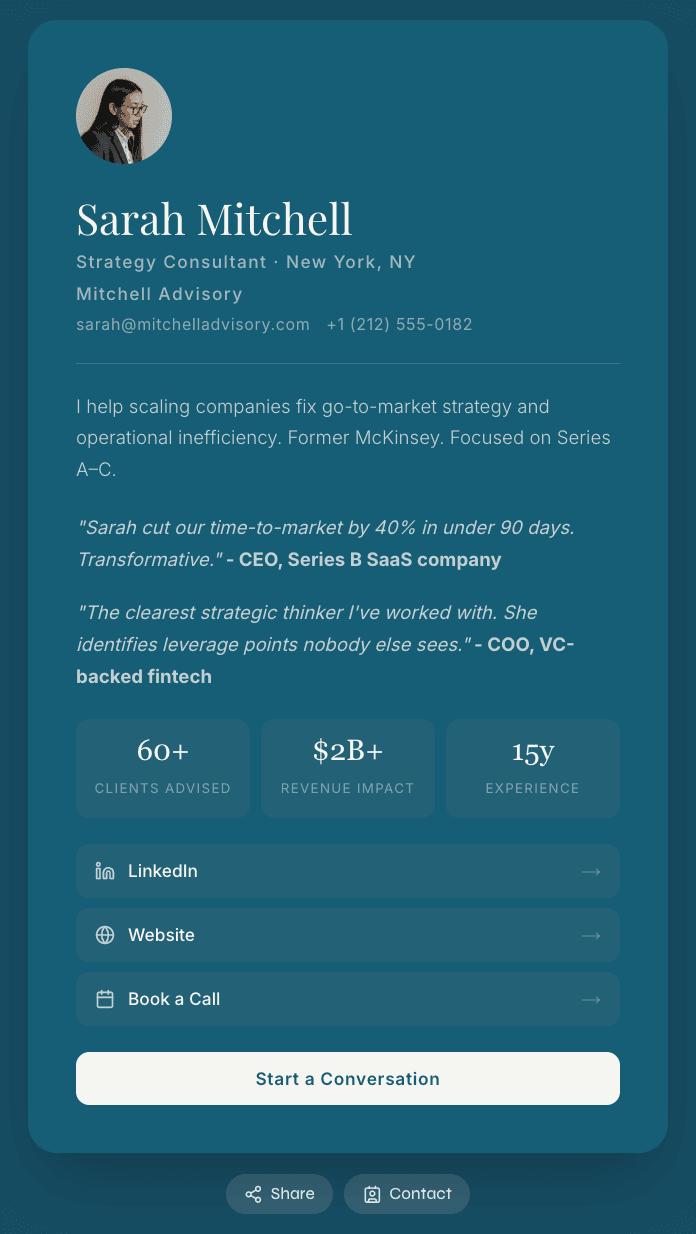 Sarah Mitchell — Strategy Consultant digital business card on Slate